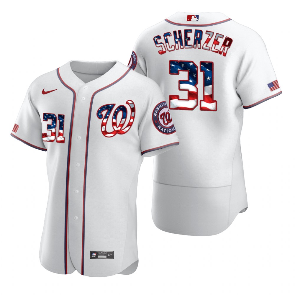 Washington Nationals #31 Max Scherzer Men Nike White Fluttering USA Flag Limited Edition Authentic MLB Jersey